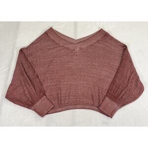 We The Free Shirt Sz Medium Oversized Waffle Knit Maroon V-Neck Long Sleeve FS